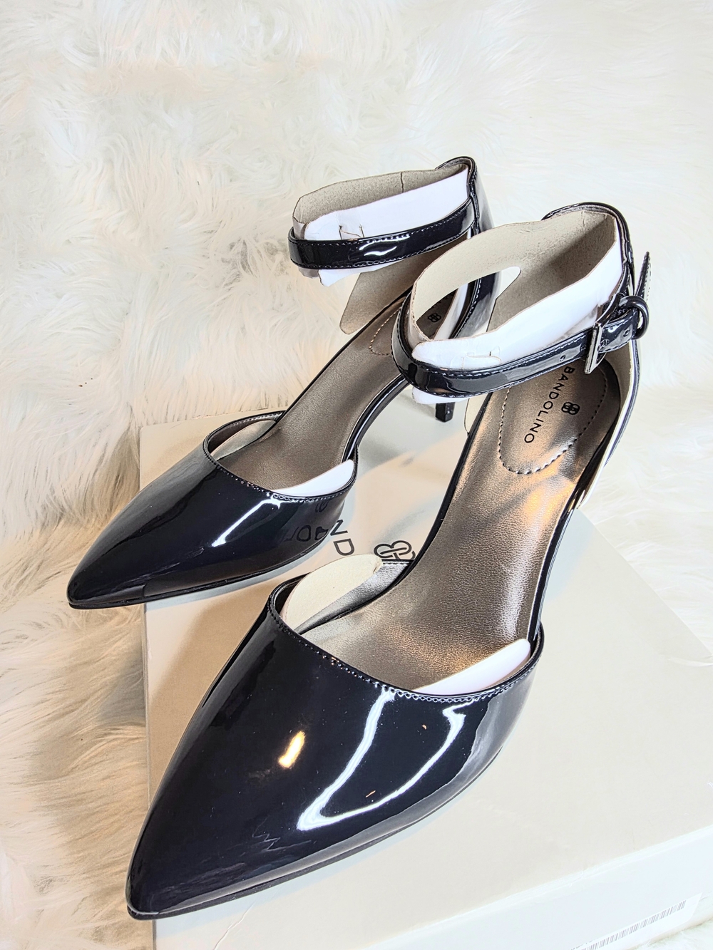 Bandalino Ginata3 Navy Blue Patent Pointed-Toe Ankle Strap Heels New Size 9